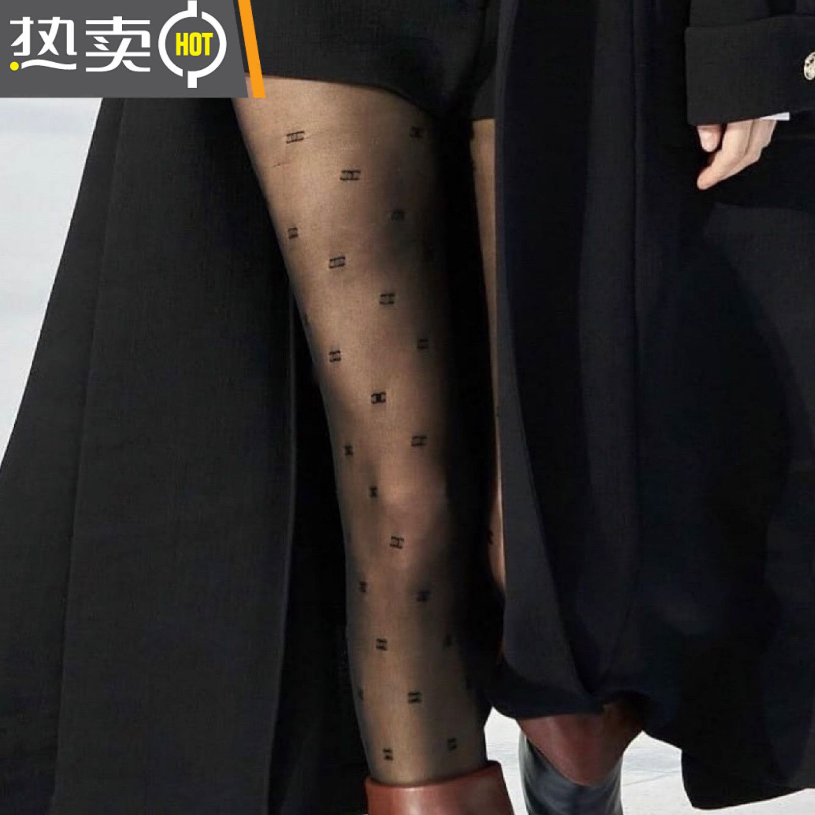 带字母的丝袜丝袜夏季黑白丝带字母连裤袜欧美性感ins黑色均码