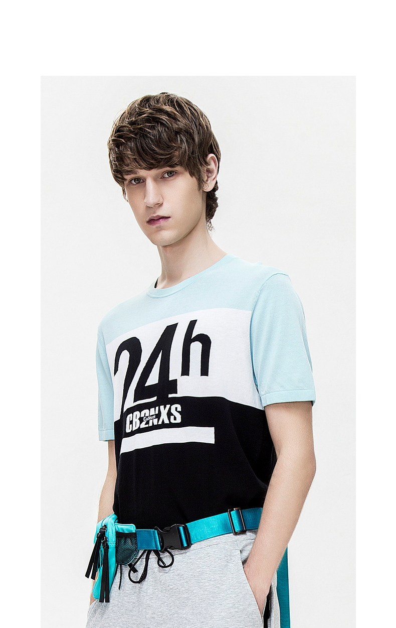 卡宾男装春夏圆领短袖撞色拼接休闲线衫针织衫字母提花潮流b 薄荷绿18