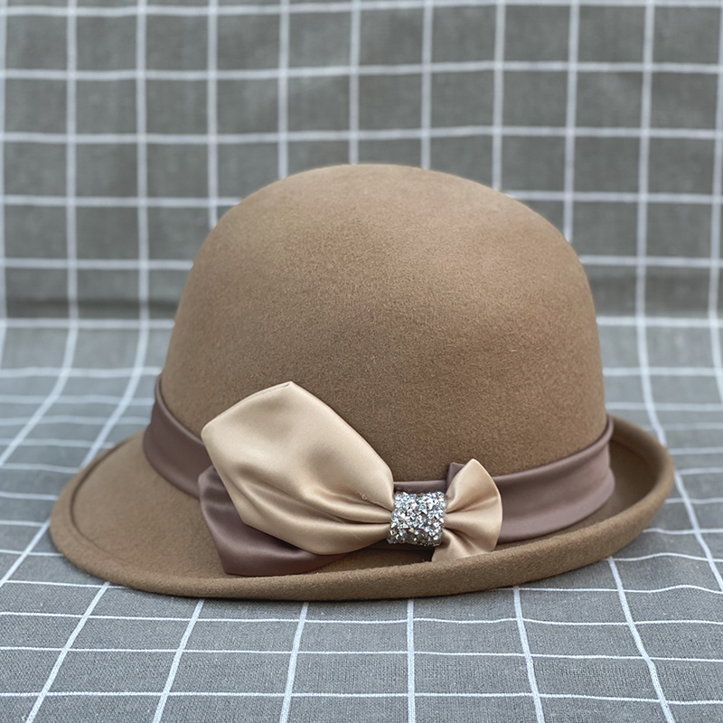 yunsijun 秋冬新款优雅复古羊毛呢圆顶卷沿小礼帽女士时尚蝴蝶结碎钻