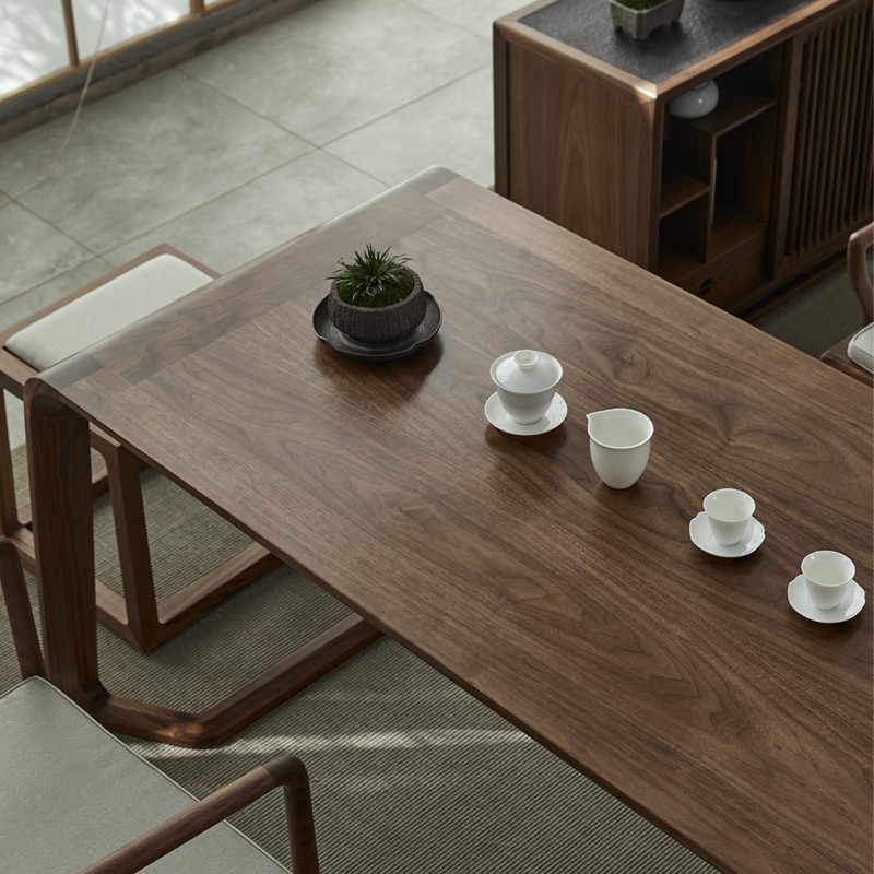 实木功夫茶桌 办公室茶桌茶台 老榆木新中式茶桌 黑胡桃木主椅【图片