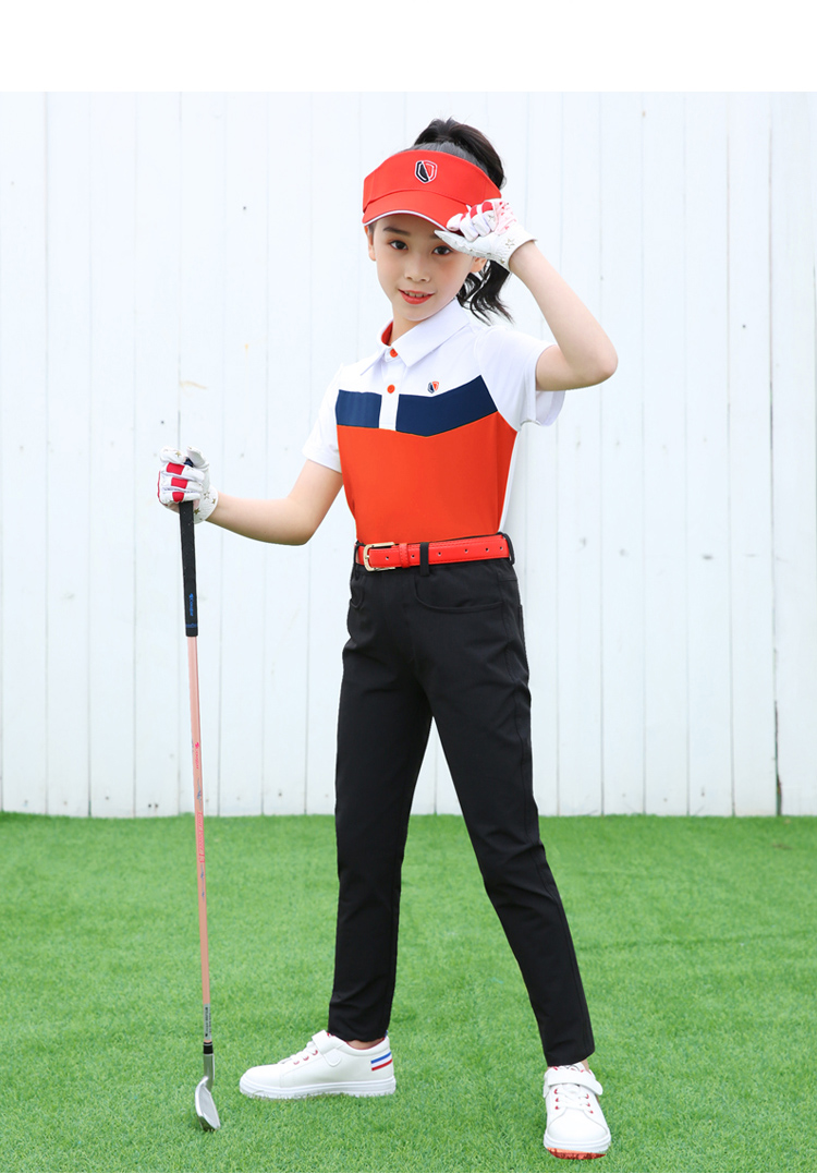 儿童高尔夫服装女童装短袖t恤青少年golf球裤衣服长裤子女套装夏橙色