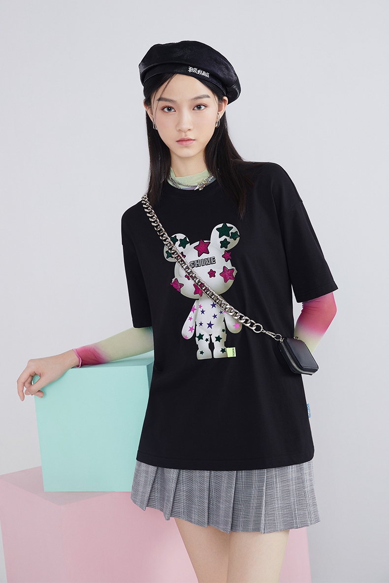 five plus5 星际熊新款女夏装甜酷t恤女中长短袖上