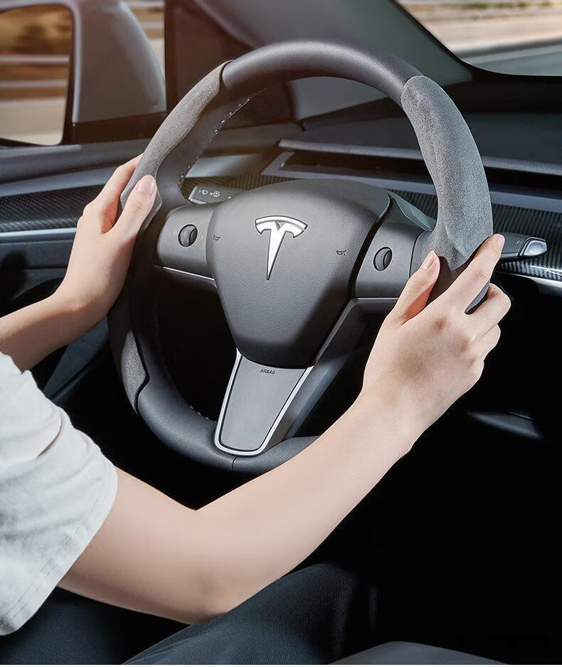 适用特斯拉model3y方向盘套麂皮绒吸汗内饰改装配件 特麦麂皮绒方向盘
