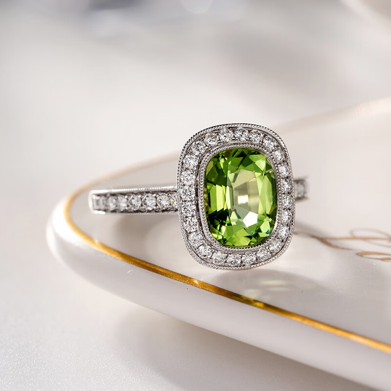 新年礼物 宫之瑄 珠宝 经典款绿碧玺戒指 别致精切橄榄绿 钻石女生日