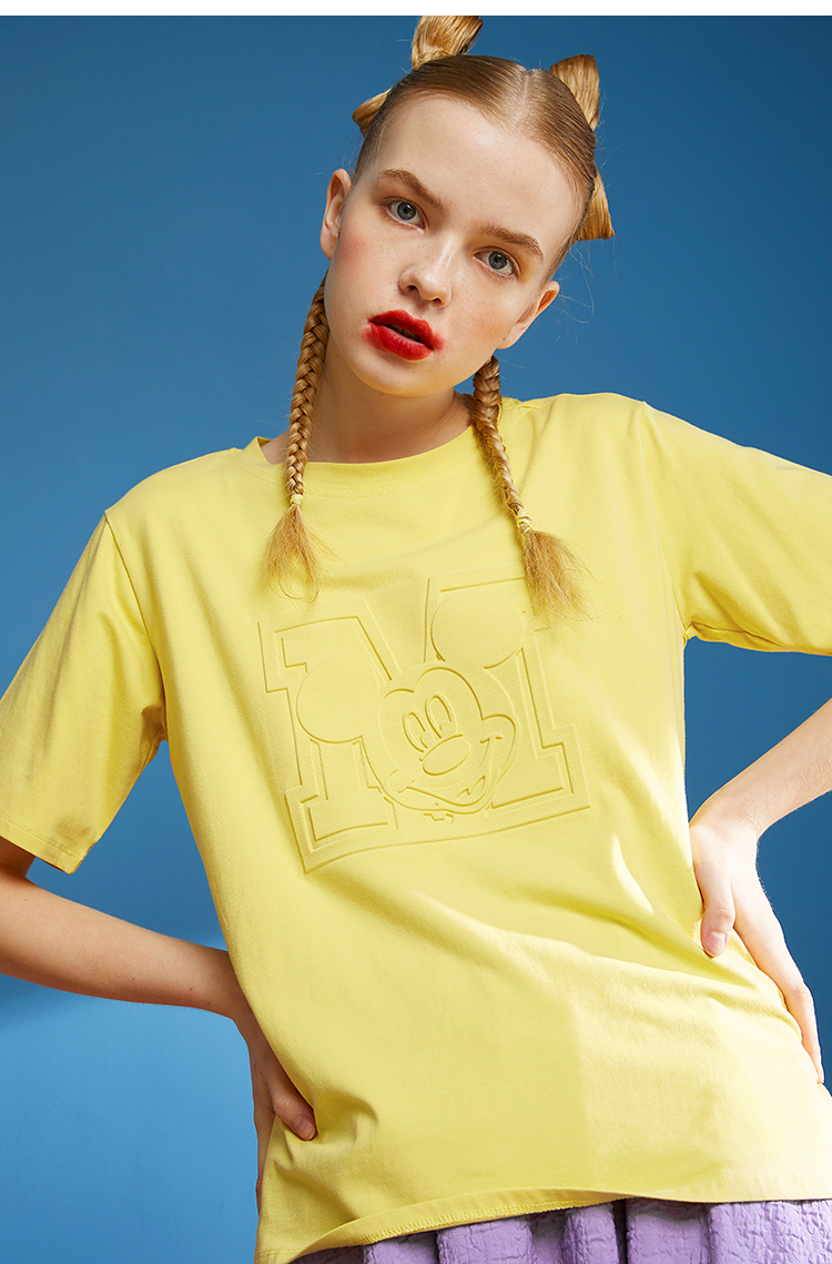 两三事 陷入奶酪 2021夏季新款压纹米奇图案糖果色短袖t恤女 蓝色