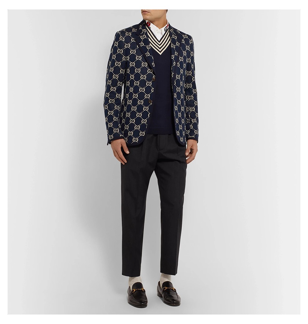 gucci古驰男女通用蜜蜂图案v领羊毛针织衫上衣496442x9i004650蓝色s