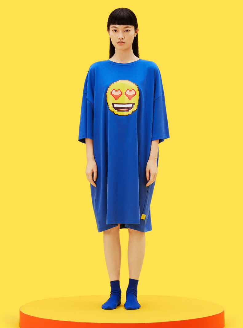 emoji联名款淳度睡裙女2022年春夏中袖宽松家居服女士纯棉铭黄色均码