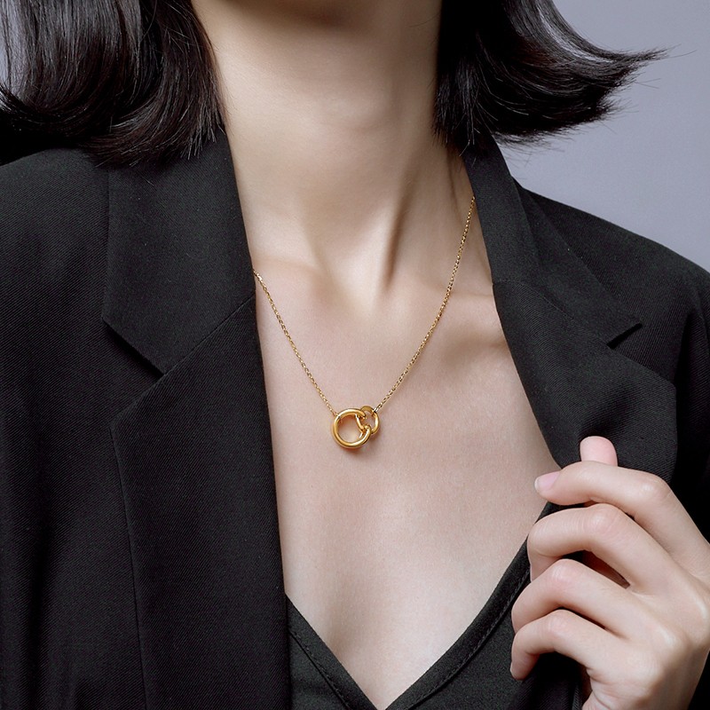 潮宏基 御范-扣 黄金项链女士足金项链5d硬金双环吊坠金链子环环相扣