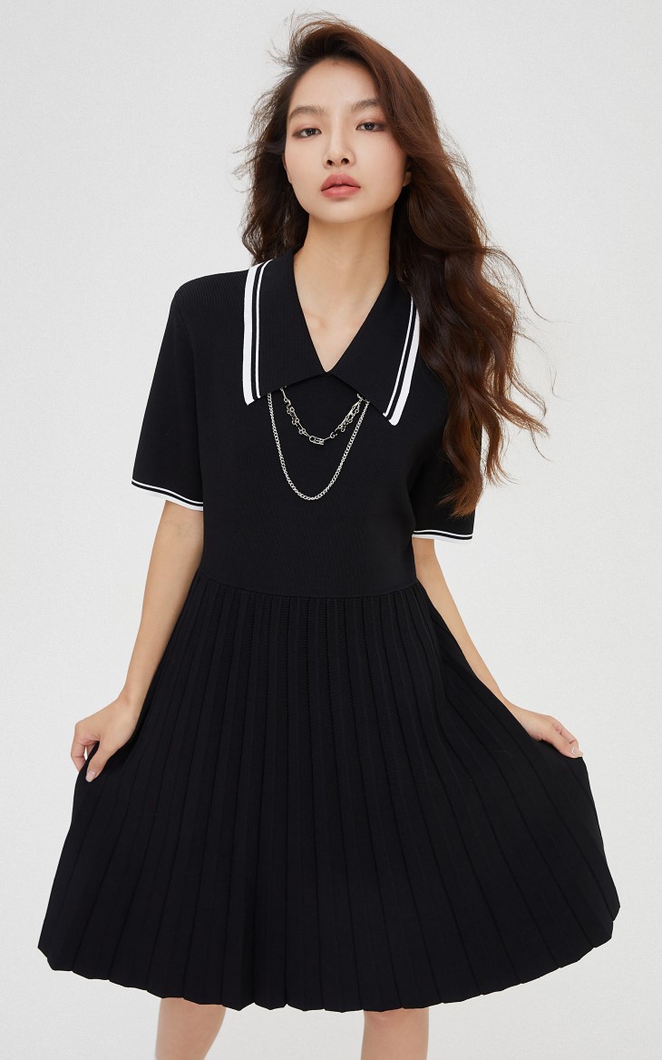 only春季新款学院风中长款压褶高腰针织连衣裙女121346011h1z黑色