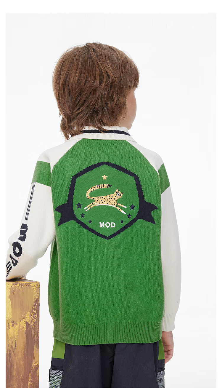 MQD Boys' Sweater, Spring And Autumn Style, Turn-Down Collar, Preppy Style, Children's Knitted Cardigan, Navy Blue, Size 110 16