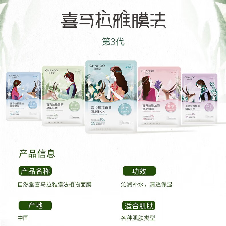 自然堂面膜 喜马拉雅植物补水保湿面膜 平衡水油 适敏舒缓 龙胆亮润5片装（透亮水润）