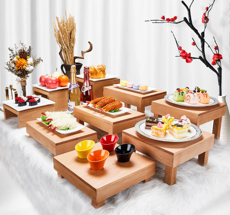 自助餐茶歇摆台 中式田园风木质甜品台架子托盘自助餐茶歇摆台点寿司
