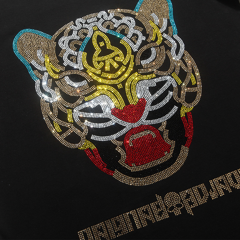 boy bees潮牌欧洲站个性潮牌修身圆领2021新款短袖男老虎烫钻字母彩钻