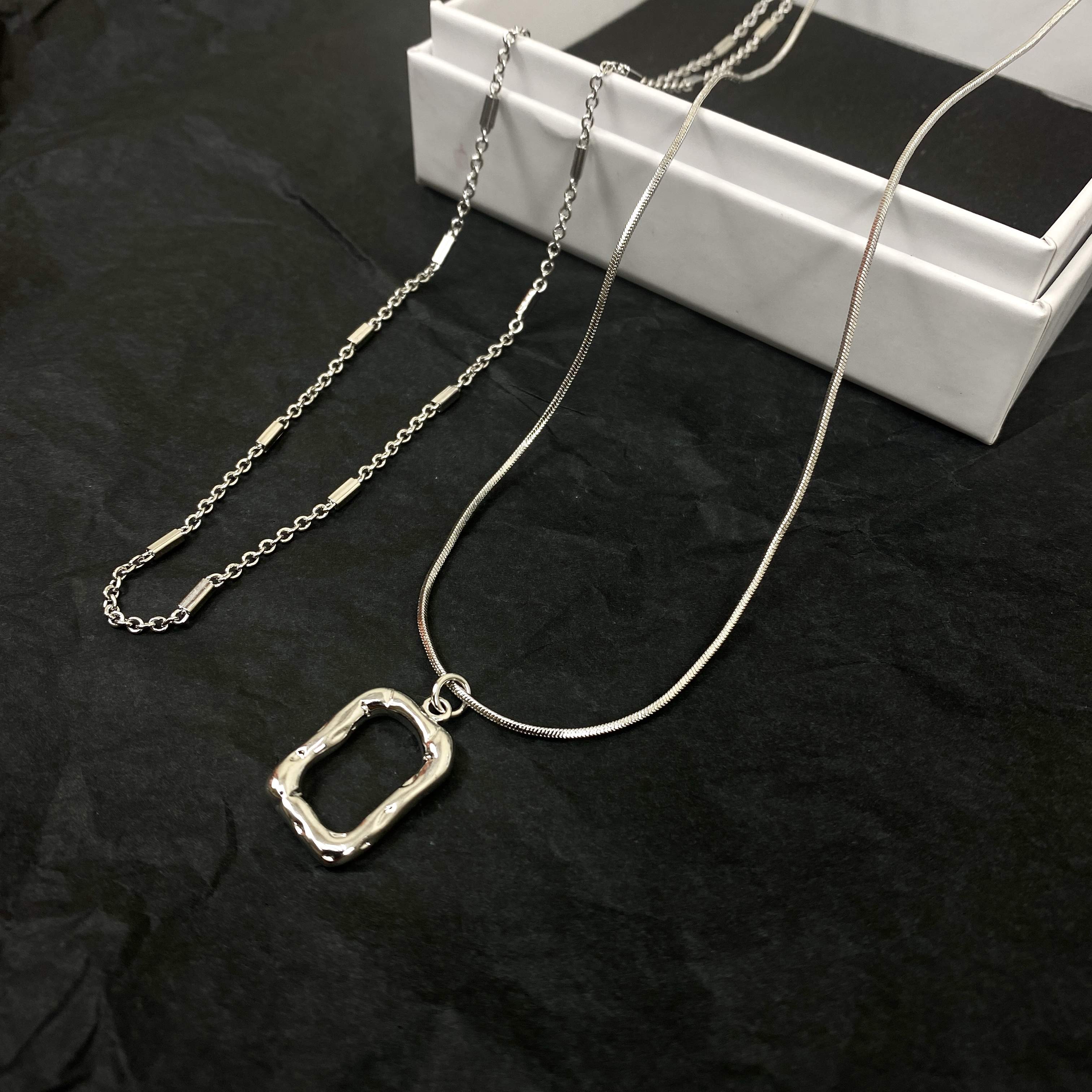 金银色艺术框双层双链叠戴可拆卸短款项链女颈链锁骨链金色