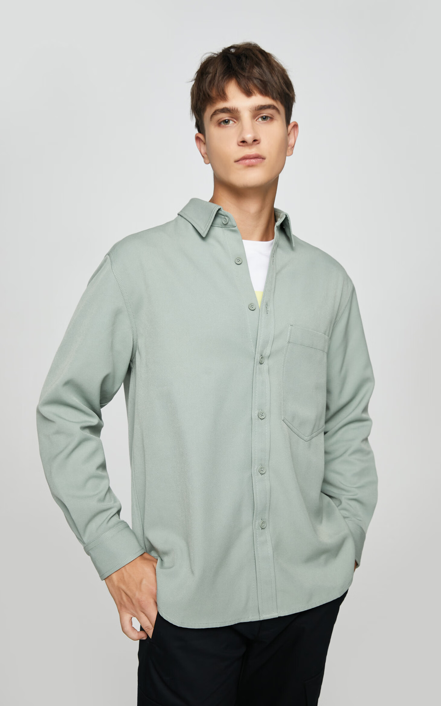 selected思莱德新款明线胸兜潮流落肩休闲长袖衬衫男s420405002 漂