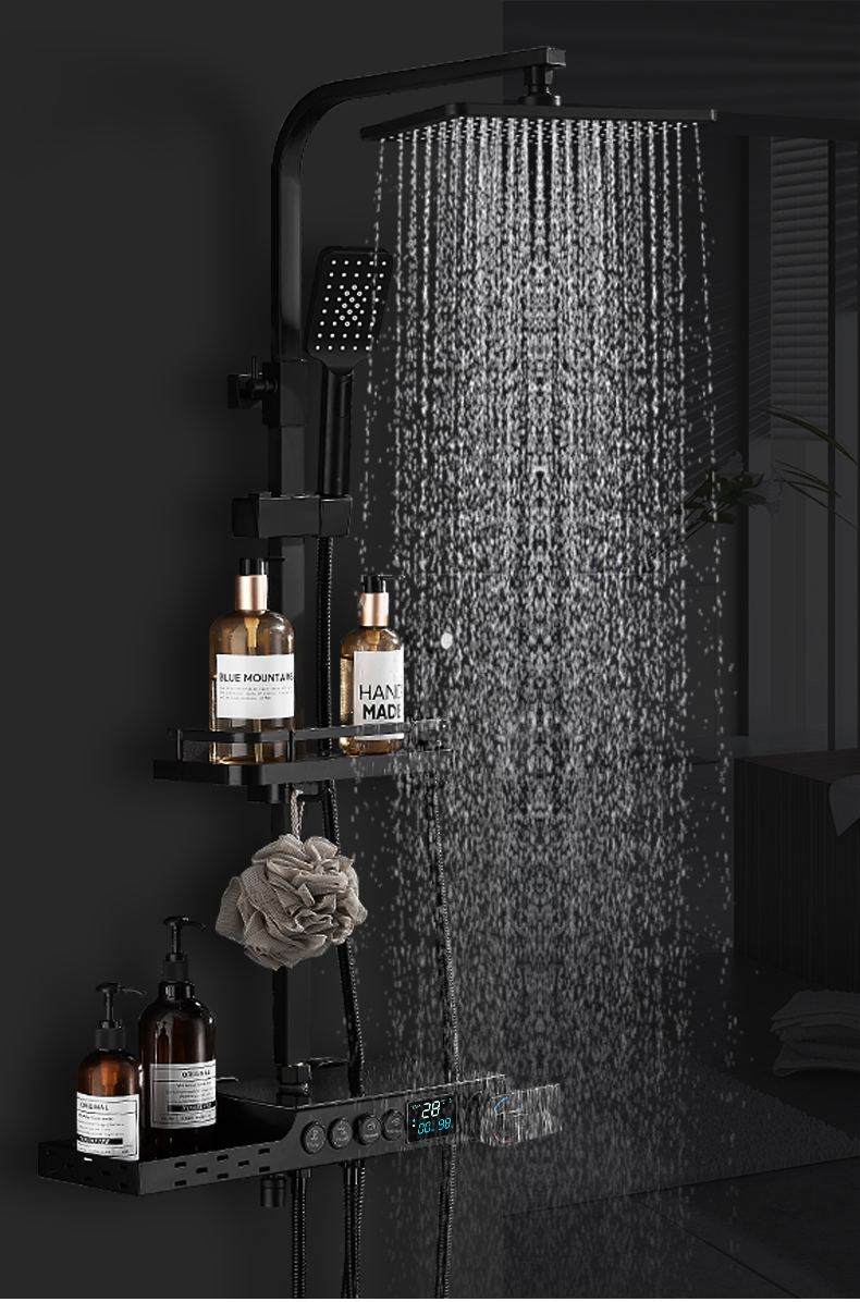 全铜黑色花洒恒温色浴室升降淋浴器挂墙式方形数显花洒龙头套装淋浴