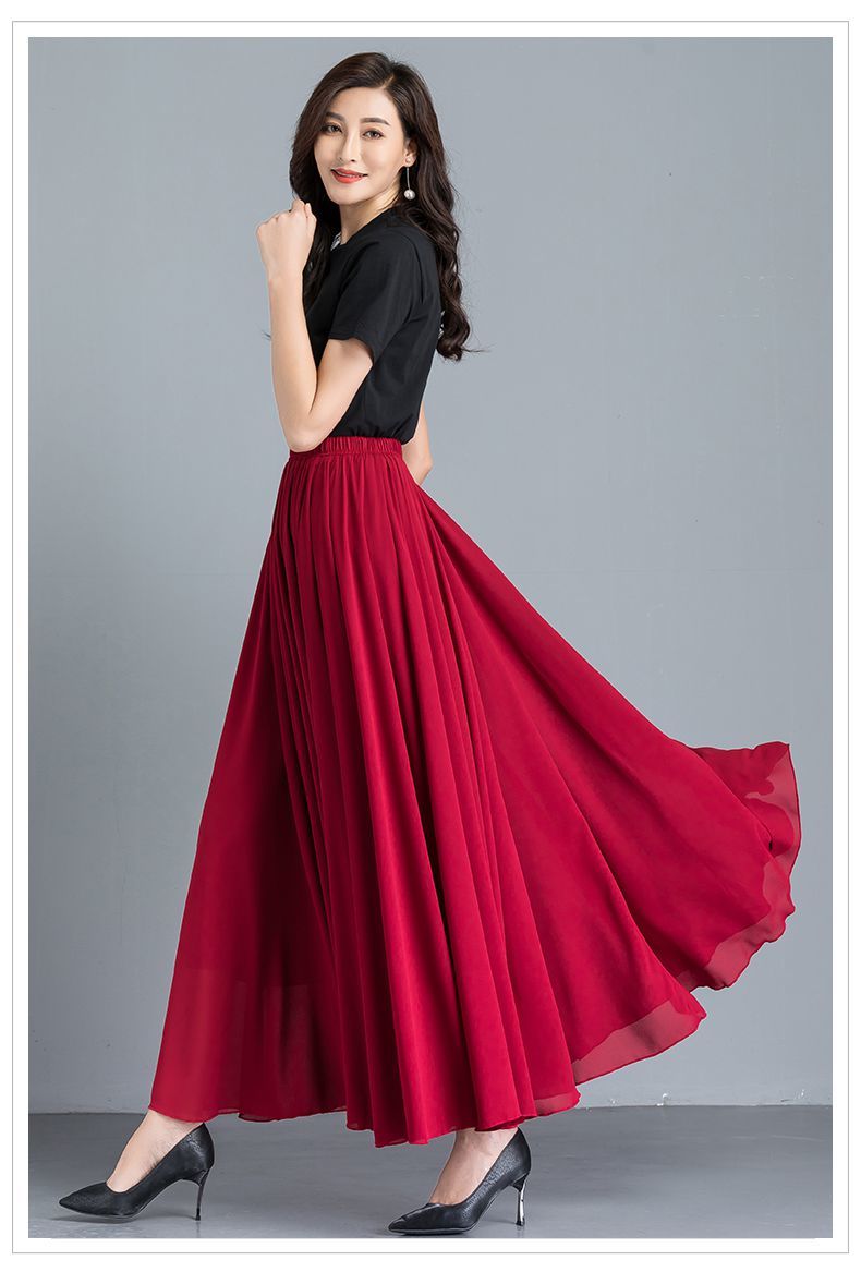 特价捡漏高档轻奢品牌红色大摆雪纺半身裙长裙夏季新款大码纯色百褶