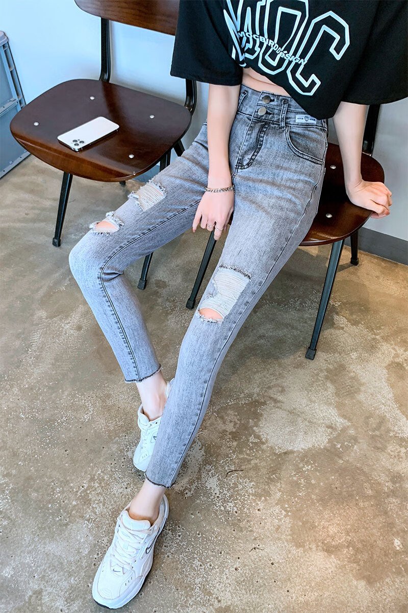 卡富亚秋天适合矮小个子穿的牛仔裤女小裤脚小口窄脚裤紧身破洞裤夏秋
