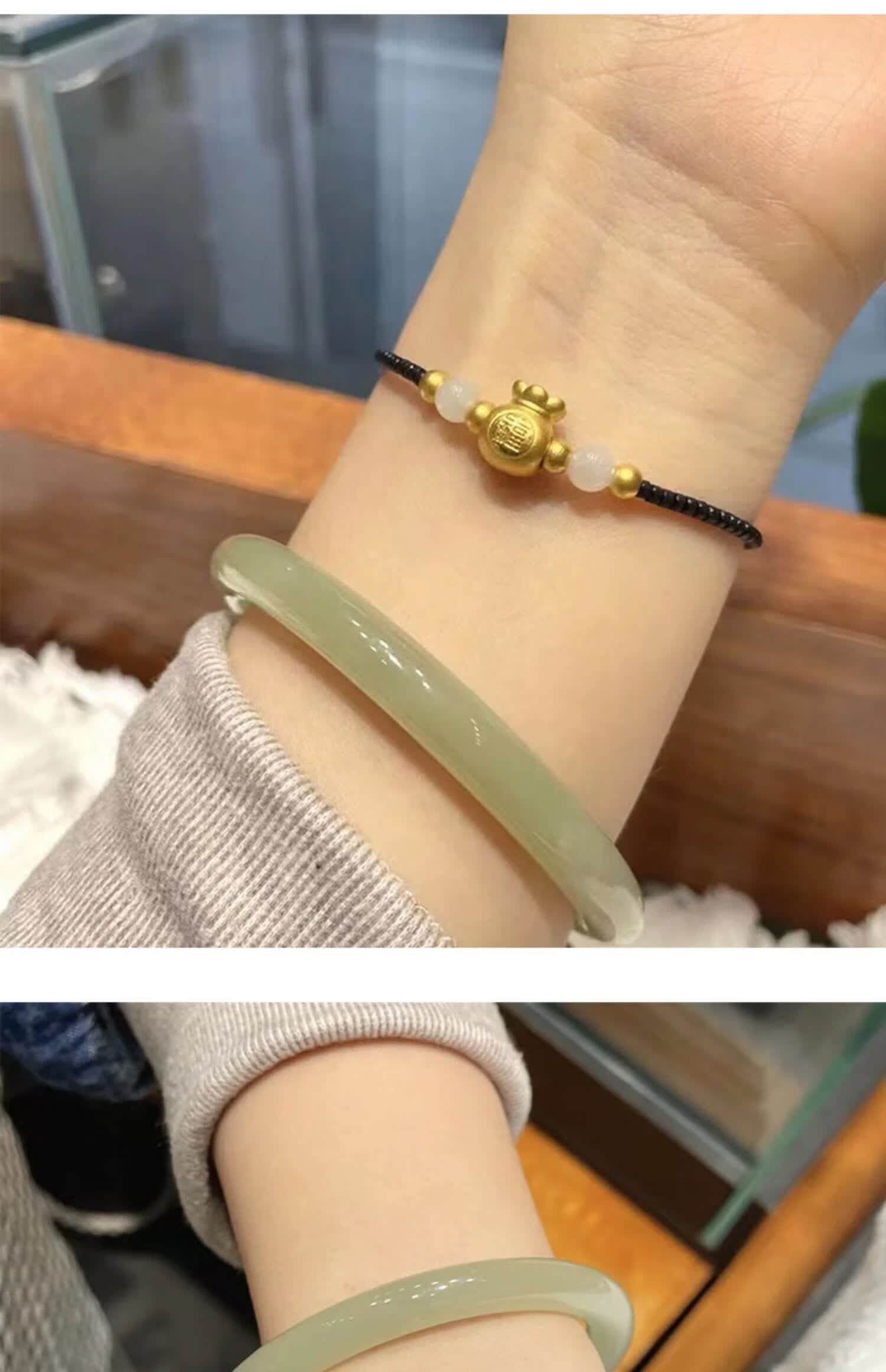 999足金小福袋手链女黄金转运珠编织手绳手串3d硬金送女友礼物 足金