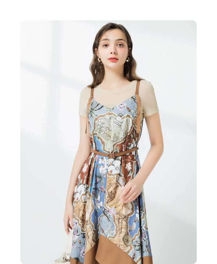 佳人苑连衣裙套装女夏2021新款短袖圆领t恤复古印花吊带裙两件套 地图