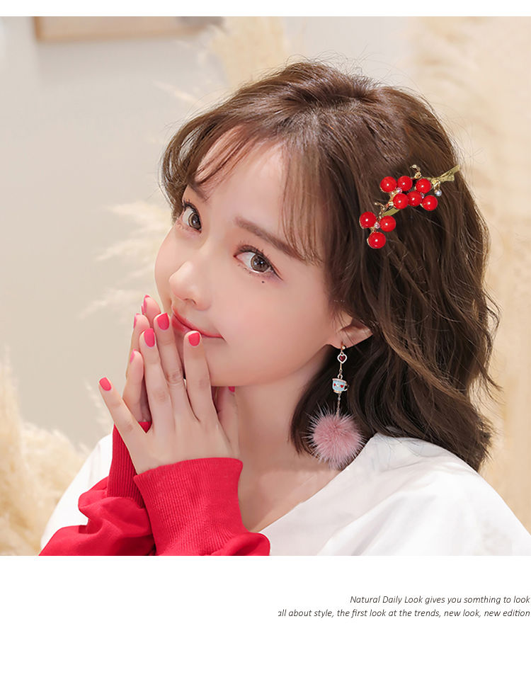 喜庆红豆发夹女刘海夹子边夹网红少女气质中国风新年卡子头饰红珠2个