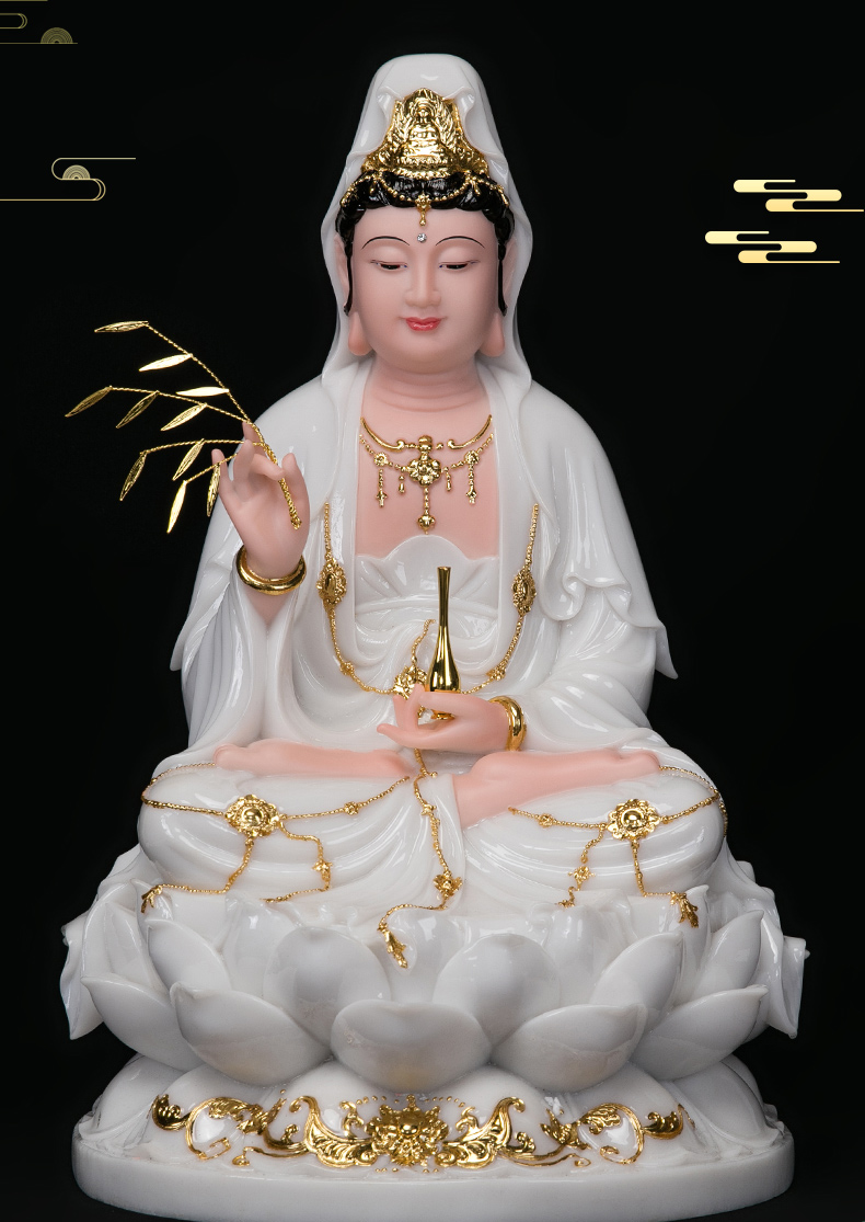 观音佛像汉白玉观世音菩萨家用坐莲南海加子观音娑婆三圣神像摆件