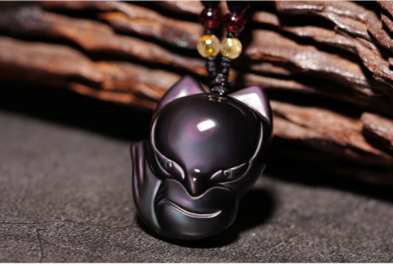 米聆黑曜石九尾狐狐仙小狐狸吊坠男女缘项链天然水晶饰品坠饰品金曜石