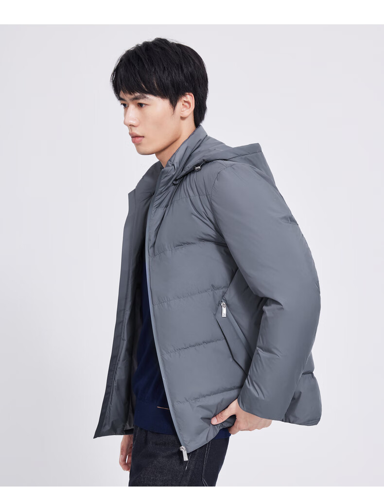 劲霸男装冬季连帽防风短版鸭绒外套青年时尚保暖羽绒服frhc4150 中灰
