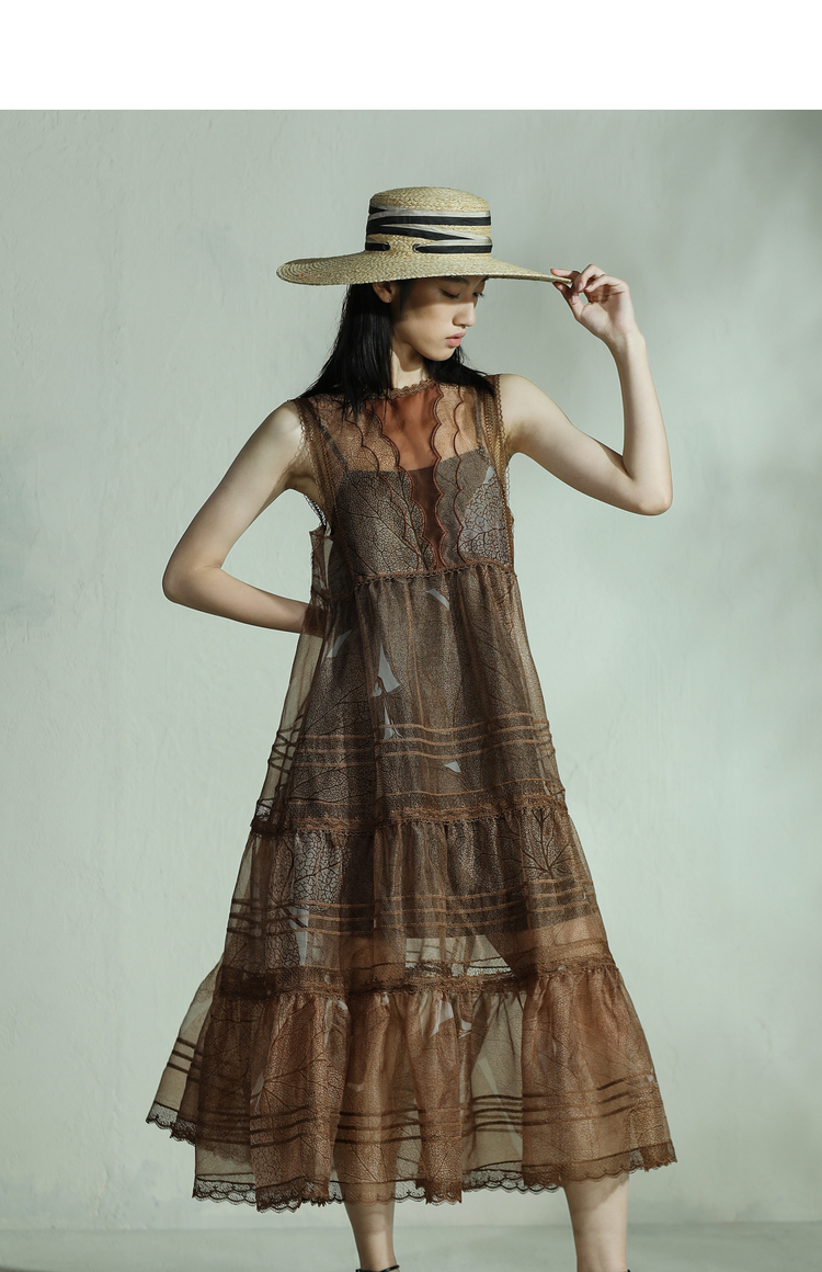 达衣岩优雅透视长款2022年夏季新品无袖花边连衣裙女朝暮红s