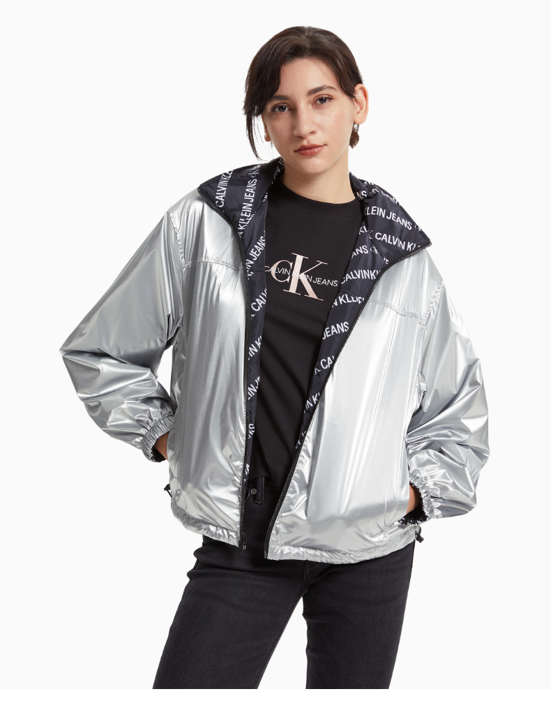 ckjeans女装时尚两面穿立领logo字母满印保暖夹棉外套j2174400im银黑