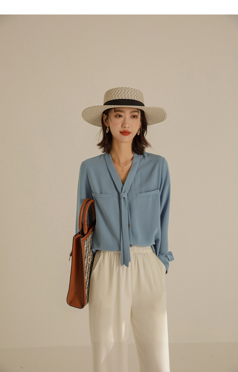 anneklein质感v领雪纺衫女2021年秋季新款小众领带宽松长袖上衣灰蓝s