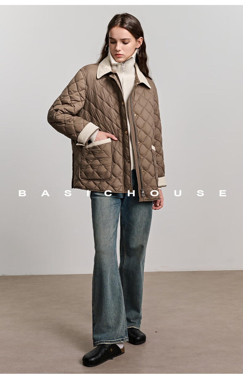 BASIC HOUSE/百家好舒芙蕾撞色冬季2024翻领外套轻法风菱格棉服女2024冬季撞色翻领外套 米白色 M详情图片52