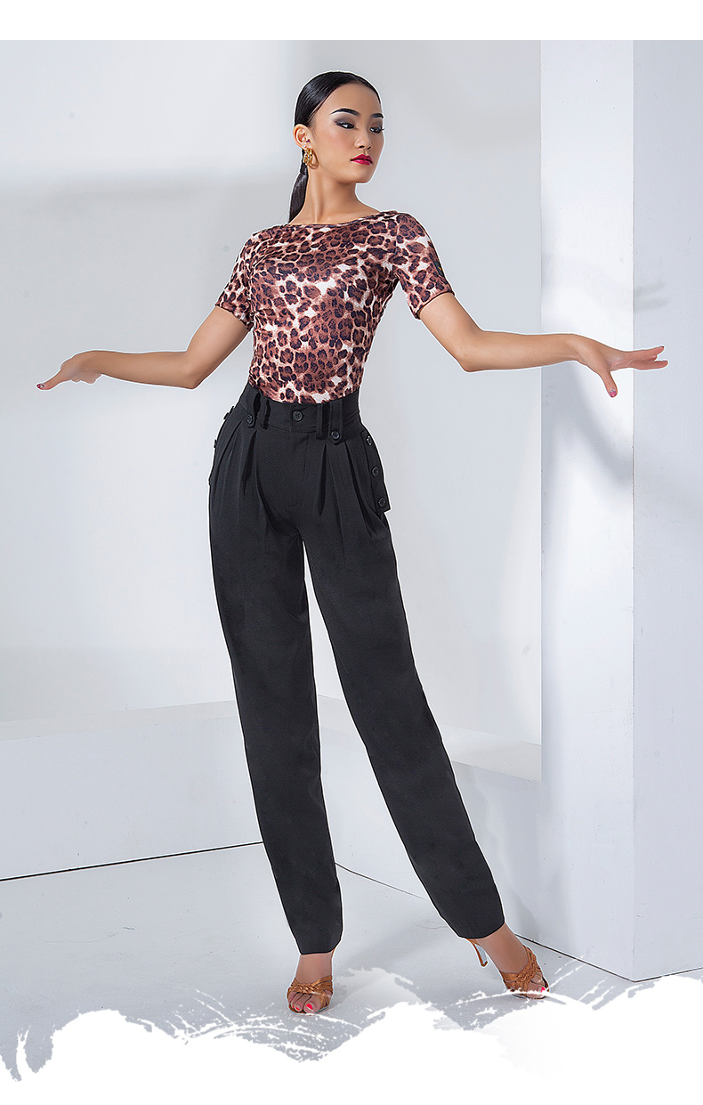 丹宝罗同款拉丁舞裤子女新款高腰口袋撞色钮扣国标长裤练功服装黑色