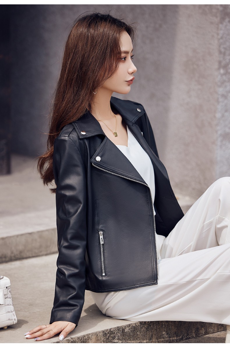 欧迪鸟品牌皮衣女真皮2021秋冬新款绵羊皮机车服短款黑色修身显瘦皮