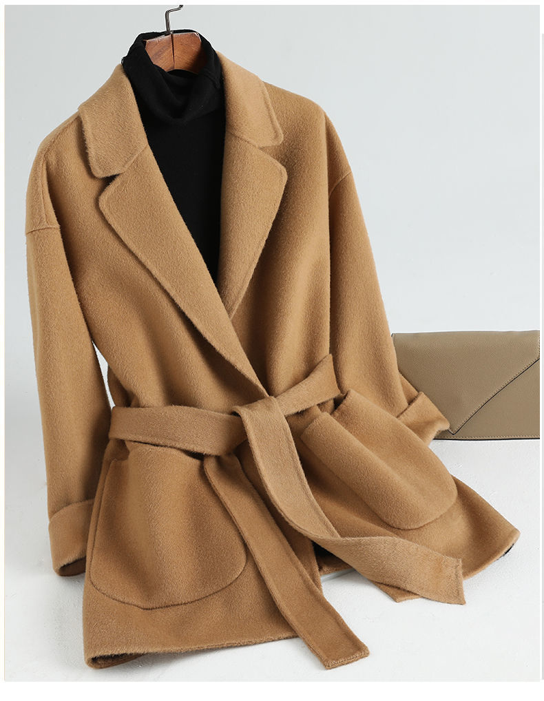 高端品质雅鹿毛呢大衣女商场同款双面羊绒大衣系带收腰21新款春季短款