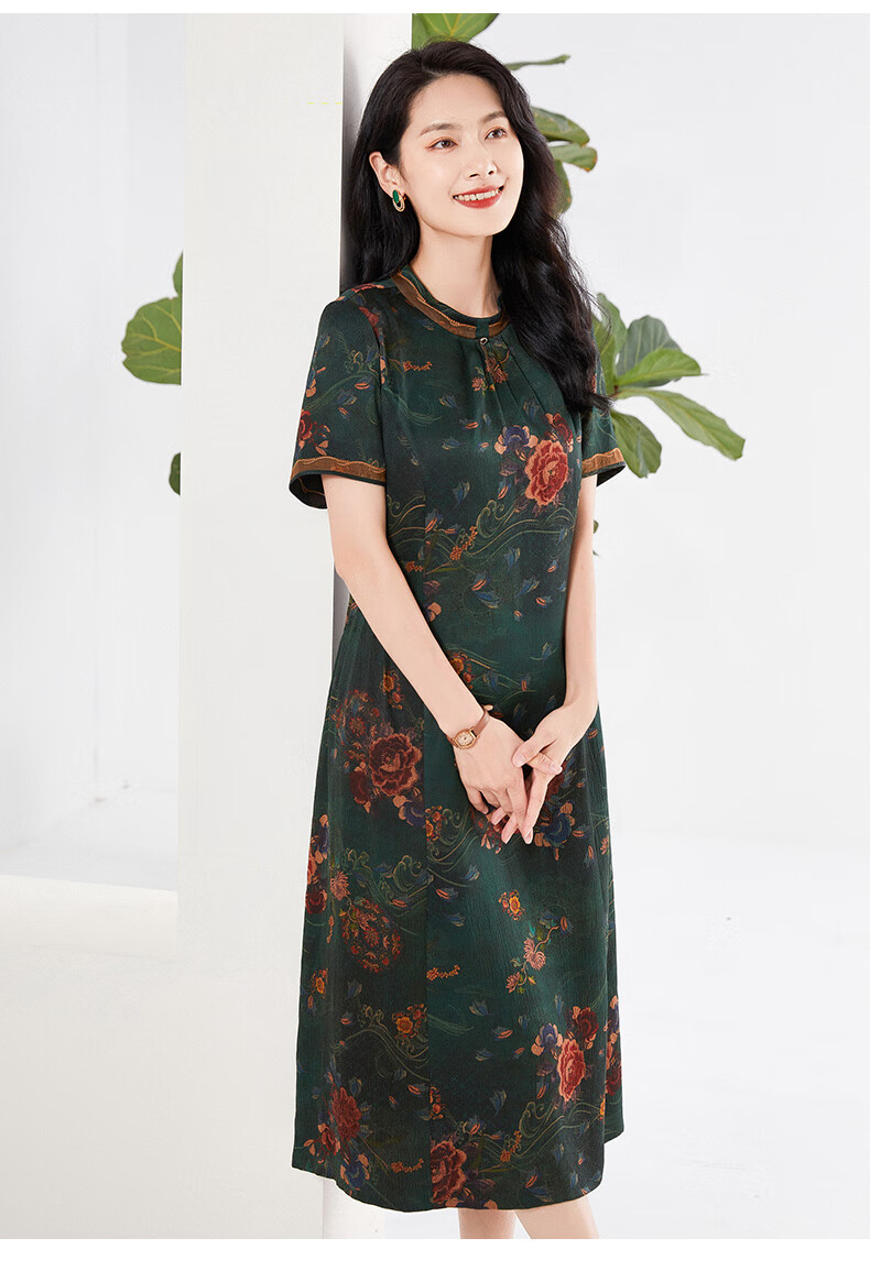 乔万尼香云纱真丝连衣裙2022年新款19mm珍珠缎商场同款碧水牡丹16084