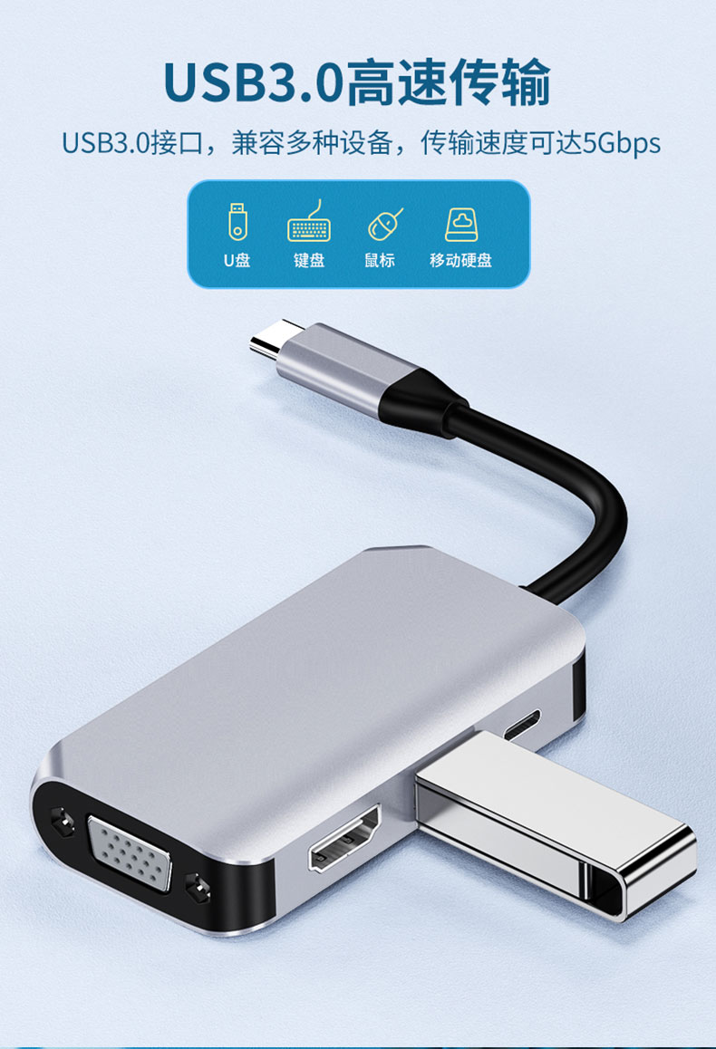 typec转hdmi转换器适用苹果macbook电脑投影仪转换器三合一转接头vga