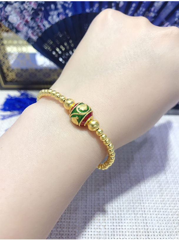 福韵礼 高温烧蓝黄金转运珠手链4mm古法金珠手串女款999足金磨砂珠子