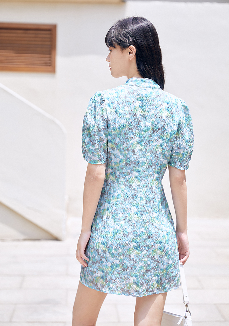 【新品】乐町气质镂空领口连衣裙2021新品夏季国风水墨旗袍连衣裙