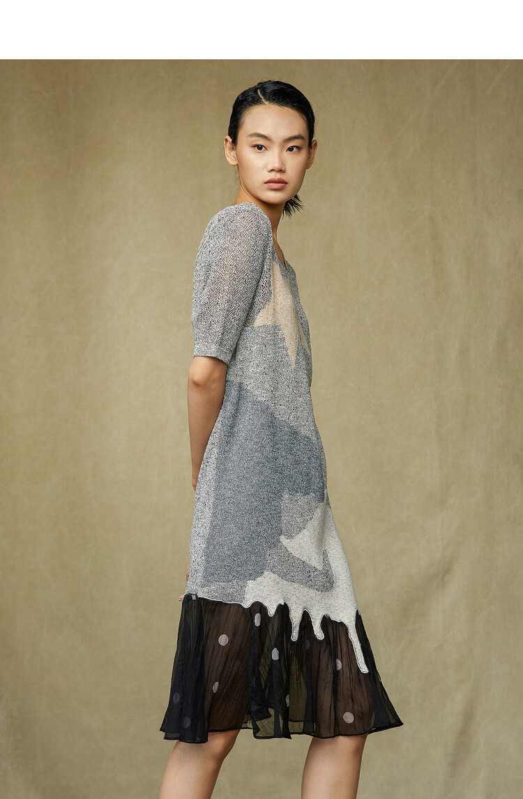 donoratico达衣岩夏装2021新款时尚优雅宽松毛织下摆拼接连衣裙透纳雾