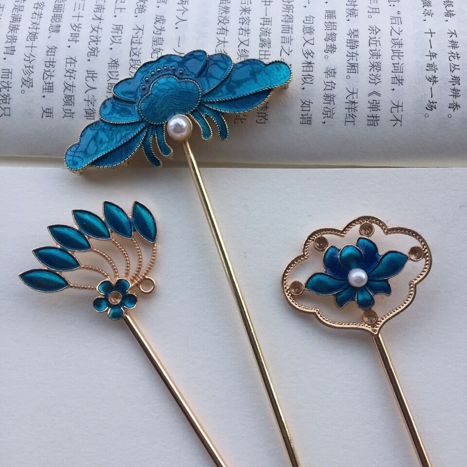 【】古风烧蓝发簪子焊接滴油发钗唐风明制汉服头饰品合金花片 主图5支