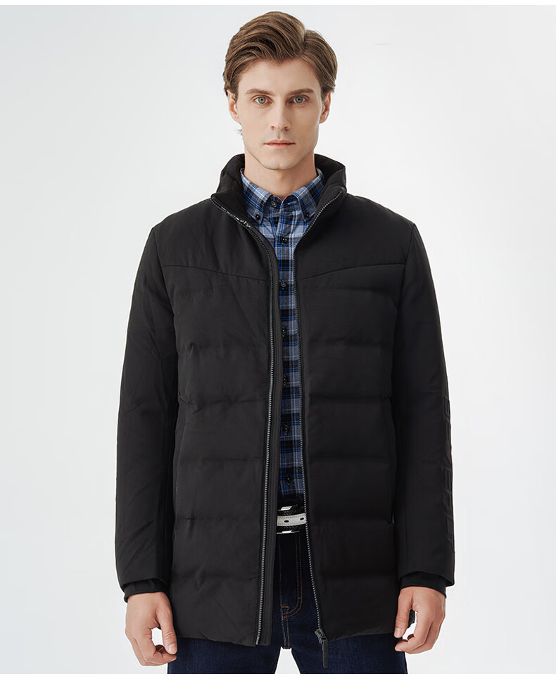 【高端白鹅绒】比华利保罗22秋冬中长款羽绒服男士立领保暖外套 黑色