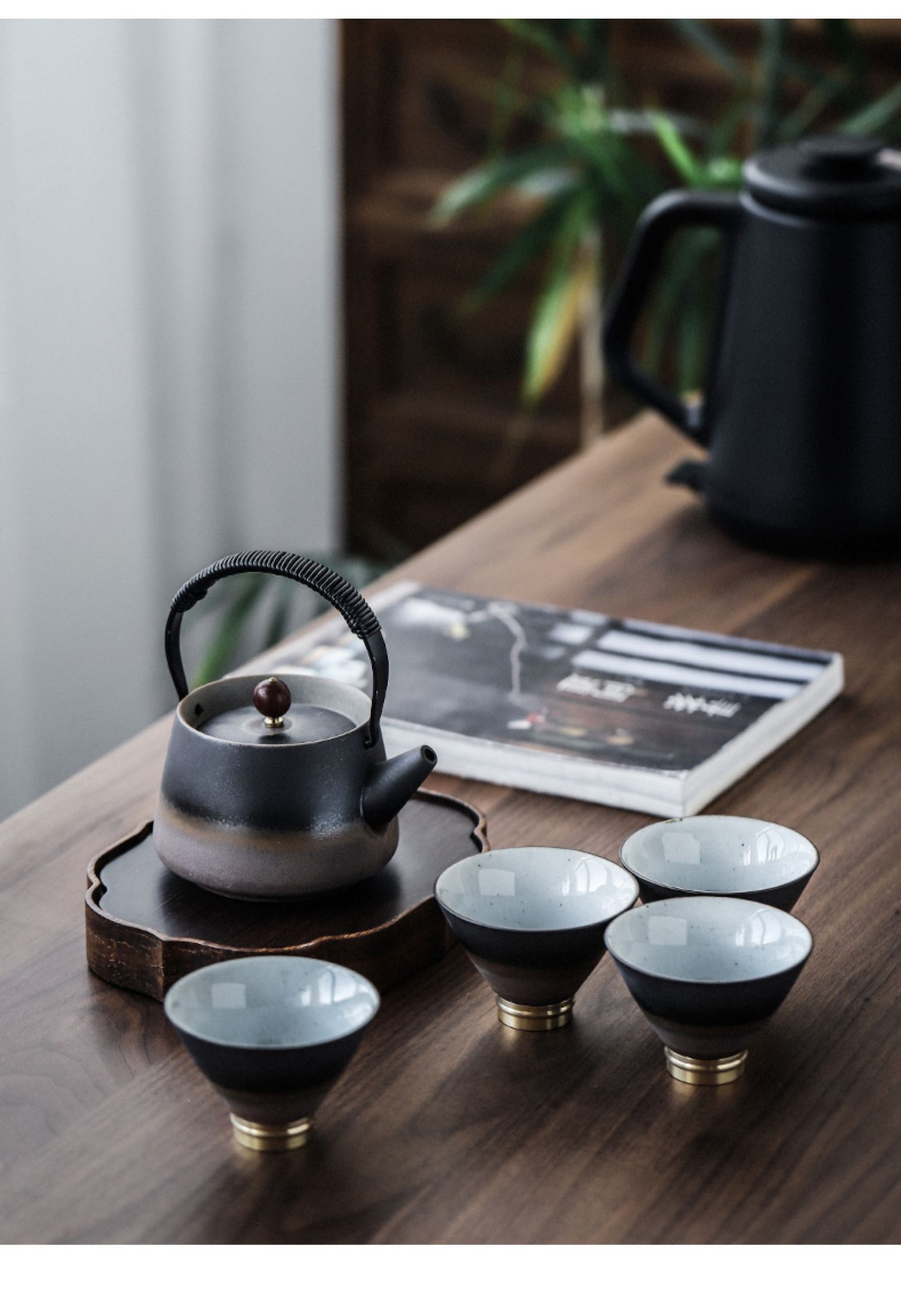 提梁壶陶瓷家用创意粗陶泡茶壶日式功夫茶壶茶具套装礼盒 窑变绿侧把