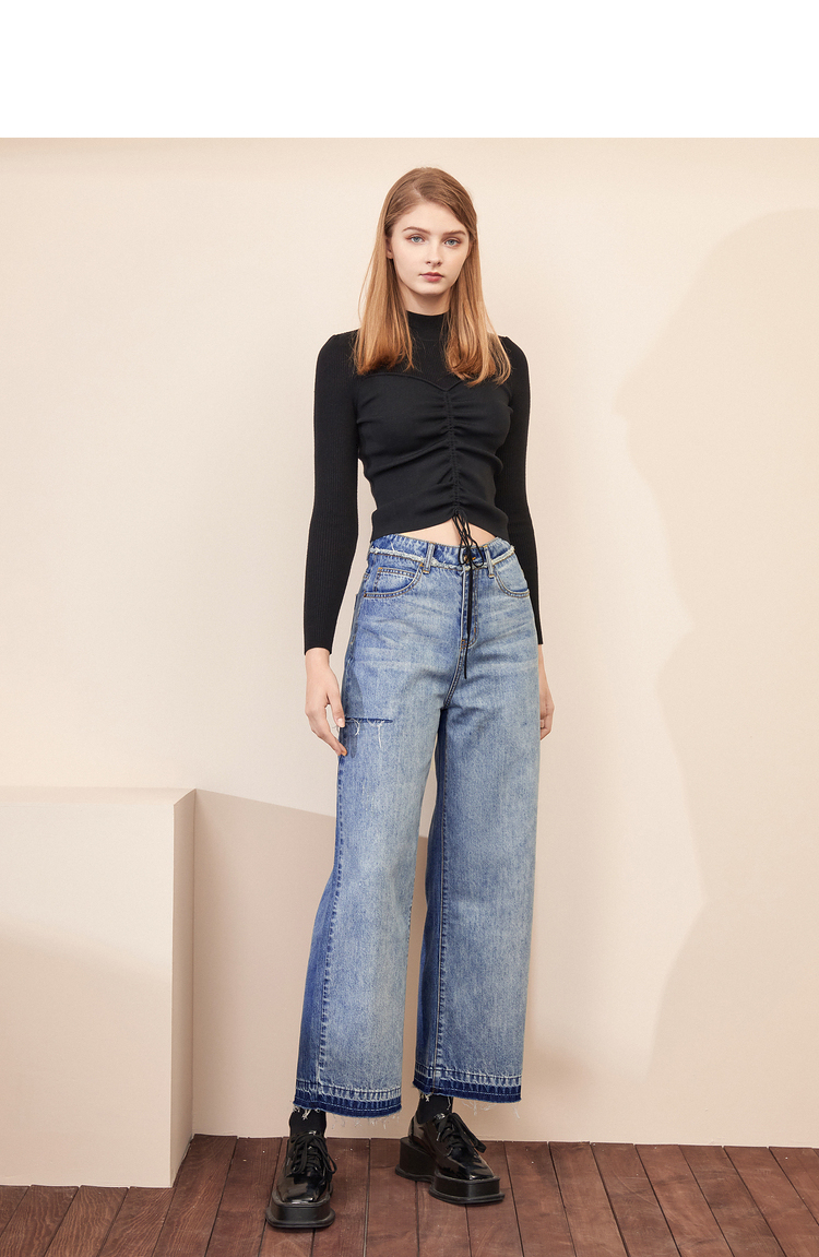 爱居兔秋季新款女装街头风宽松阔腿版型拼色牛仔裤裤子eknaj3l008a