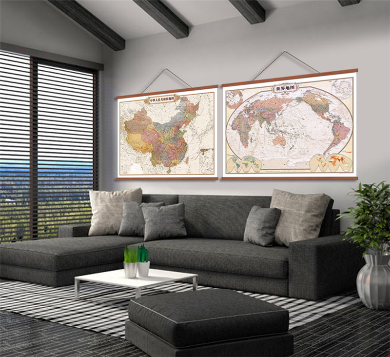世界地图装饰画实木挂框帆布复古中国地图挂图新版办公室装饰旅行标记