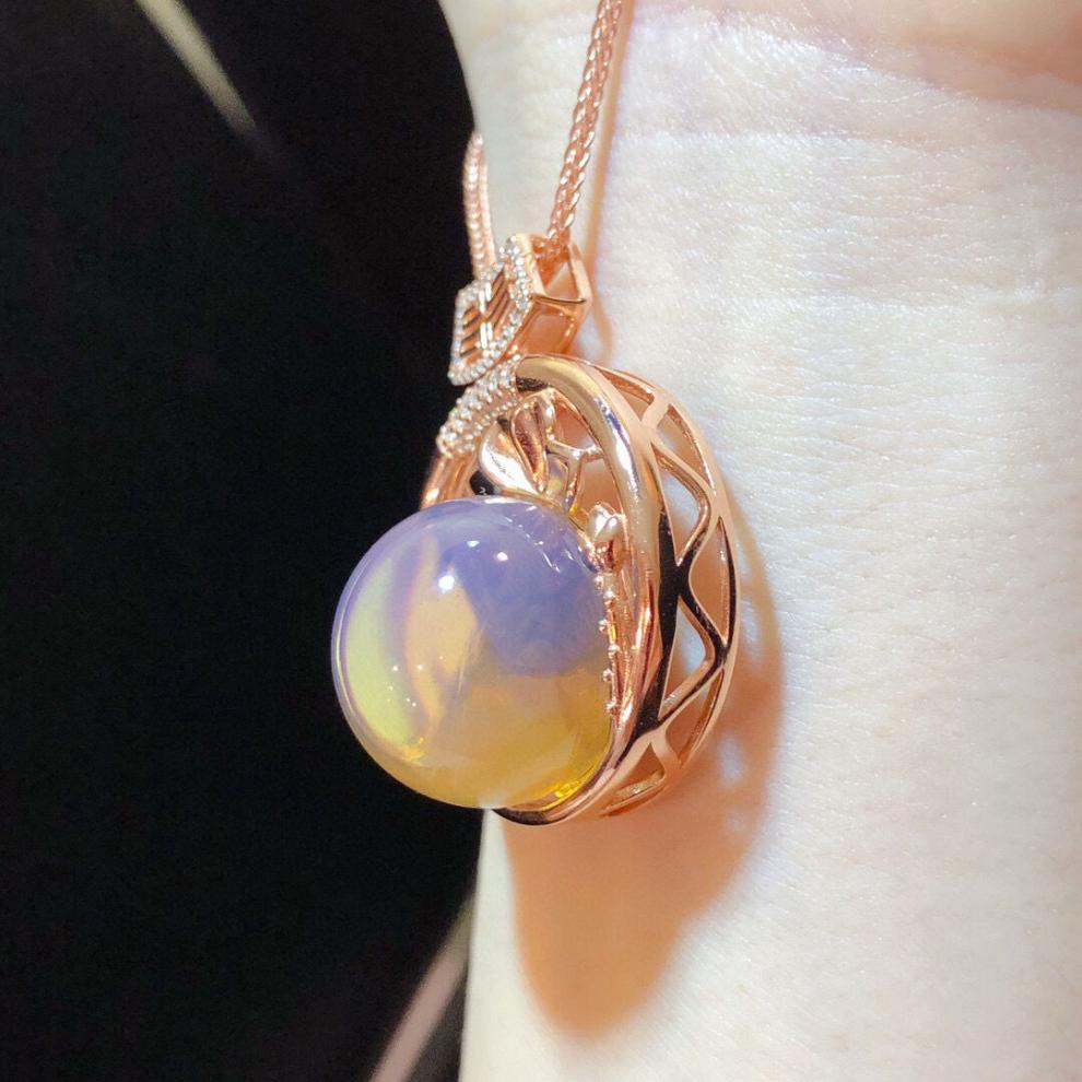 高瑞品质多米蓝珀项链原矿荷塘月色吊坠925银镀玫瑰金终身保真送亲朋