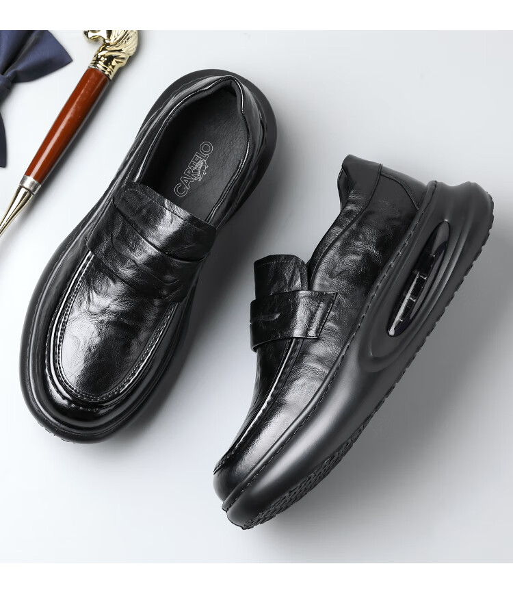 CARTELO Business Casual Leather Shoes with Height-Increasing Air Cushion, Thick-Soled Loafers, Slip-On Elevated Leather Shoes for Men, 9992 Black, Size 40 12