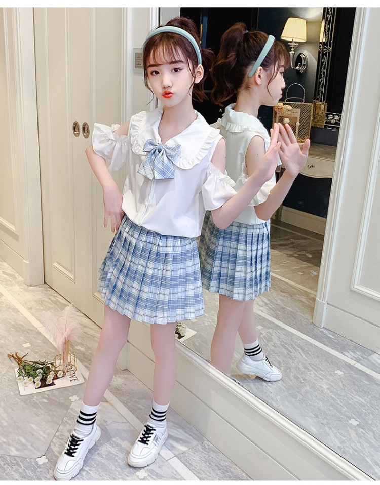 exemabajk制服女童夏装正版全套装小学生夏季格裙子学院风儿童连衣裙