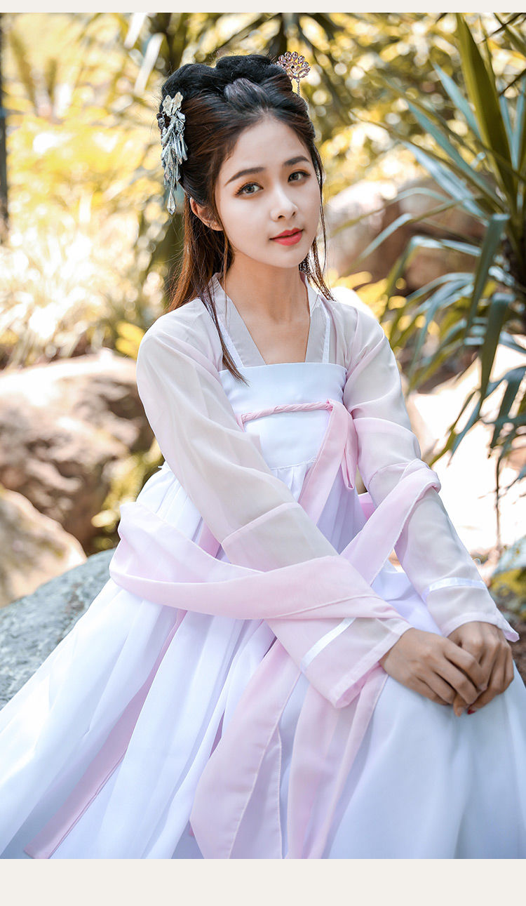 汉服古装衣服女齐胸襦裙传统装扮汉唐改良古装古风清新飘逸日白色裙不
