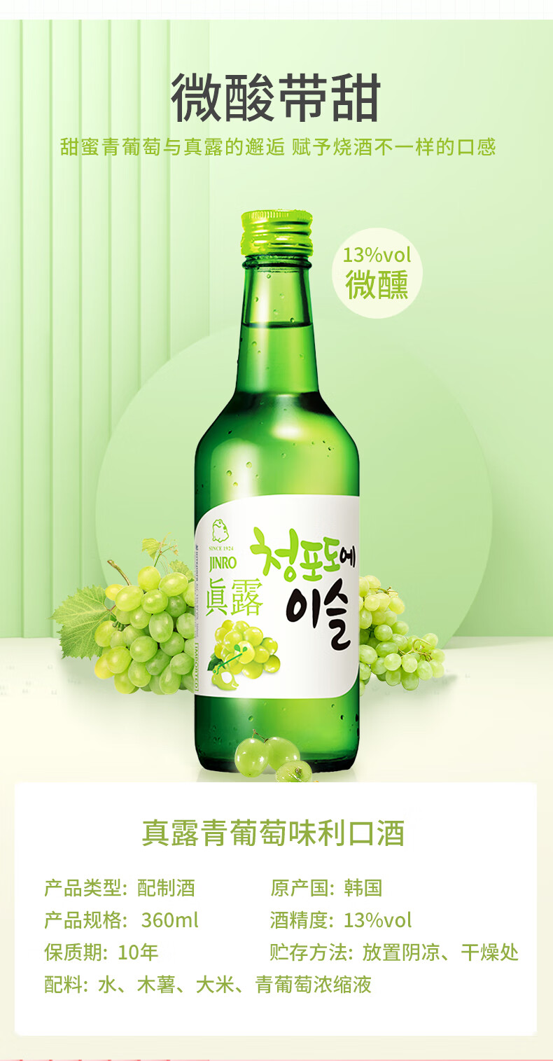 真露jinro烧酒韩国进口清酒利口酒果酒少女微醺低度酒360ml青葡萄味4